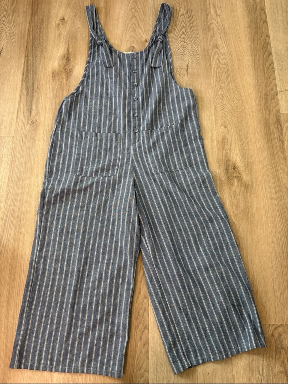 ENTRO Blue & White Striped Linen Wide Leg Jumpsuit - Size Large lagenlook comfy
